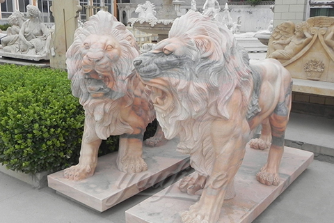 Decorative Hand Carved Yellow Marble Lion Sculptures